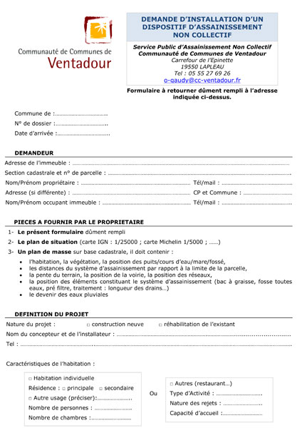 demande d'installation d'un dispositif d'assainissement non collectif
